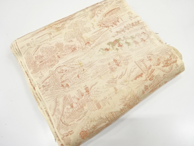 JAPANESE KIMONO / ANTIQUE BOLT FOR HAORI / SILK / WOVEN 53 STATIONS OF THE TOKAIDO